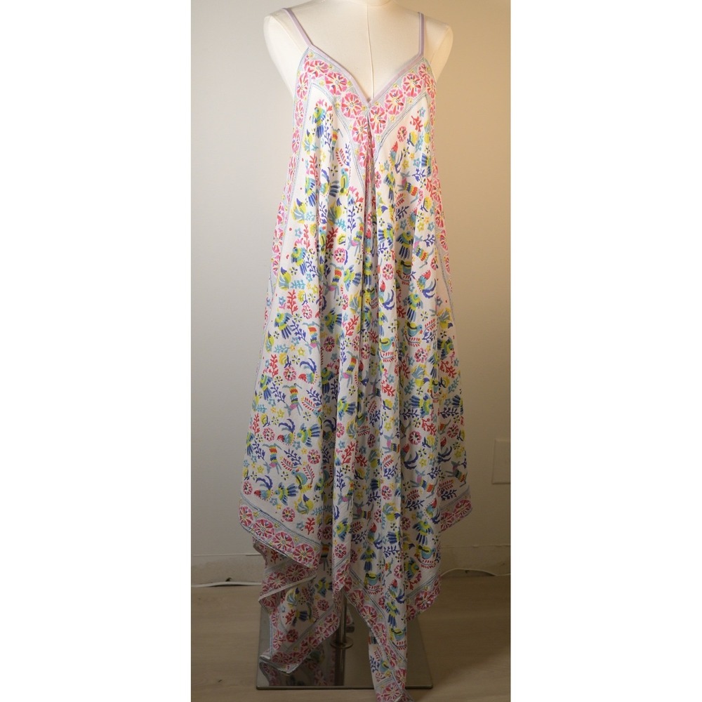 Roller Rabbit Otomi Floral Bird Print Handkerchief Maxi Dress OS Floral Beachy